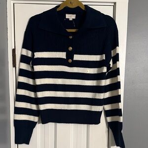 LOFT Nautical Navy & White Striped V‑Neck Sweater with Gold Buttons